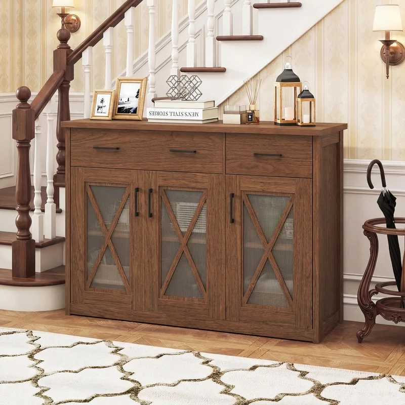 Farmhouse Buffet Sideboard, 3-Door Kitchen Storage Cabinet, 2 Drawers, Brown