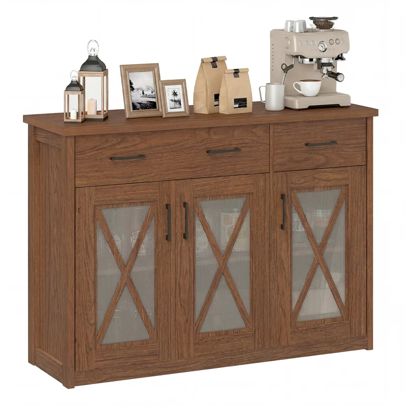 Farmhouse Buffet Sideboard, 3-Door Kitchen Storage Cabinet, 2 Drawers, Brown