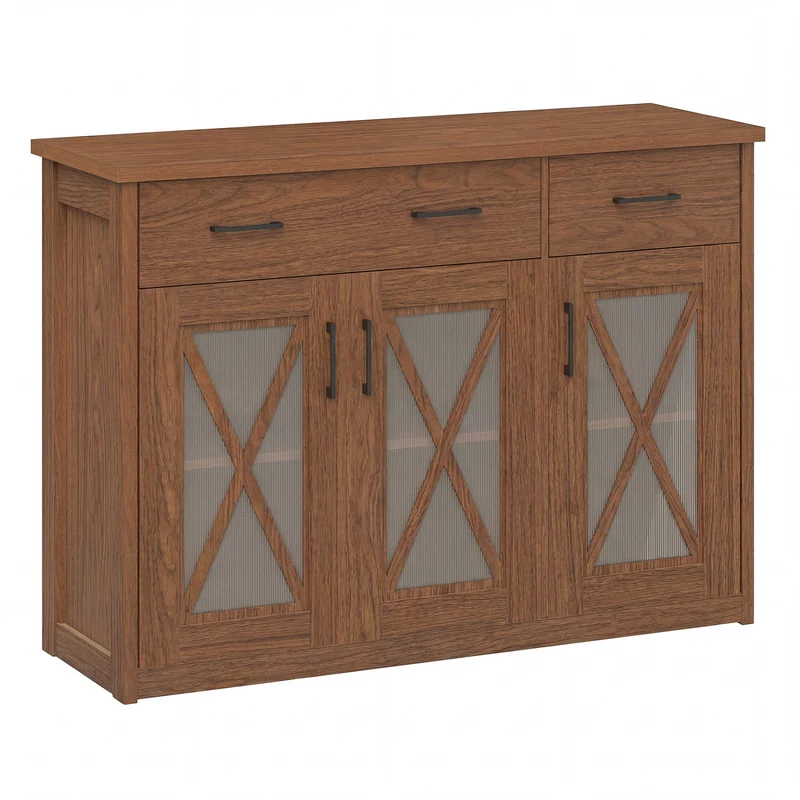 Farmhouse Buffet Sideboard, 3-Door Kitchen Storage Cabinet, 2 Drawers, Brown