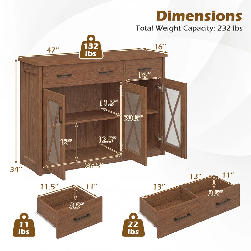 Farmhouse Buffet Sideboard, 3-Door Kitchen Storage Cabinet, 2 Drawers, Brown