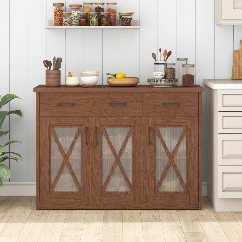 Farmhouse Buffet Sideboard, 3-Door Kitchen Storage Cabinet, 2 Drawers, Brown