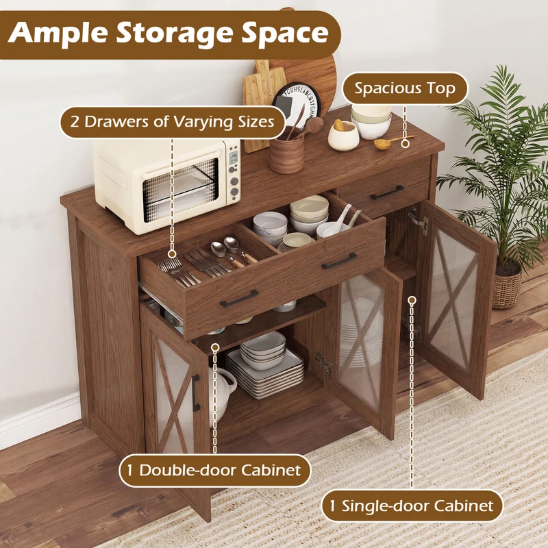 Farmhouse Buffet Sideboard, 3-Door Kitchen Storage Cabinet, 2 Drawers, Brown