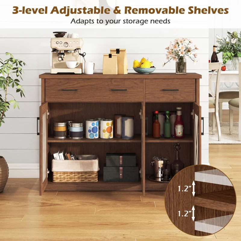 Farmhouse Buffet Sideboard, 3-Door Kitchen Storage Cabinet, 2 Drawers, Brown