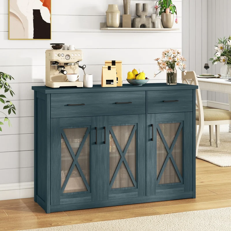 Farmhouse Buffet Sideboard, 3-Door Kitchen Storage Cabinet, 2 Drawers, Turquoise
