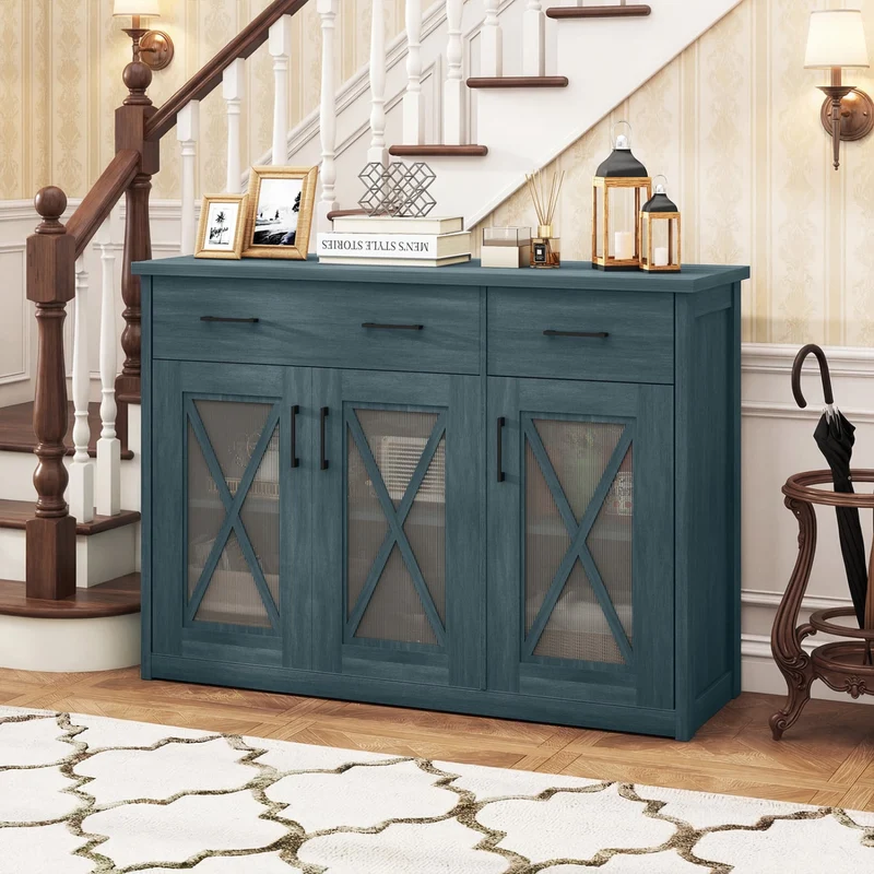 Farmhouse Buffet Sideboard, 3-Door Kitchen Storage Cabinet, 2 Drawers, Turquoise