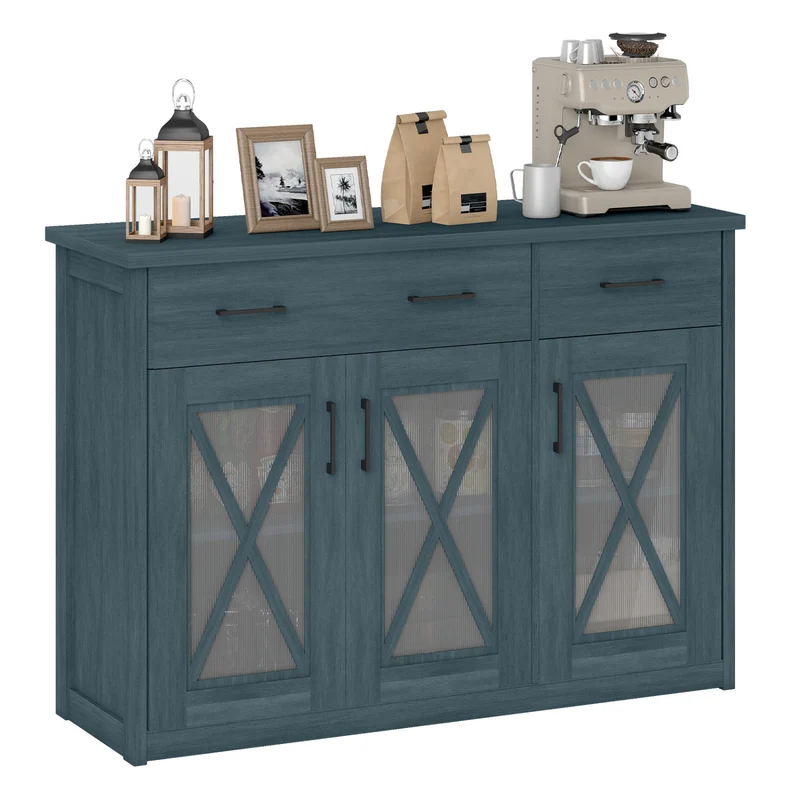 Farmhouse Buffet Sideboard, 3-Door Kitchen Storage Cabinet, 2 Drawers, Turquoise