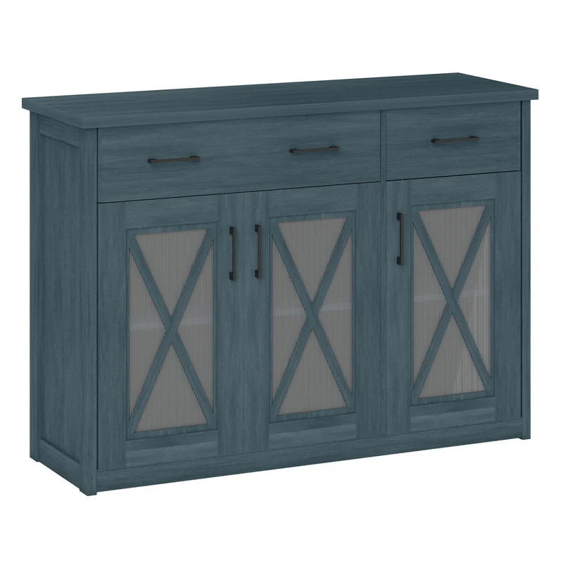 Farmhouse Buffet Sideboard, 3-Door Kitchen Storage Cabinet, 2 Drawers, Turquoise
