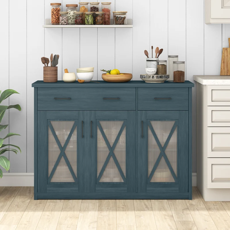 Farmhouse Buffet Sideboard, 3-Door Kitchen Storage Cabinet, 2 Drawers, Turquoise