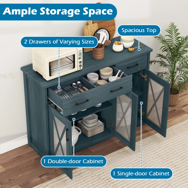 Farmhouse Buffet Sideboard, 3-Door Kitchen Storage Cabinet, 2 Drawers, Turquoise