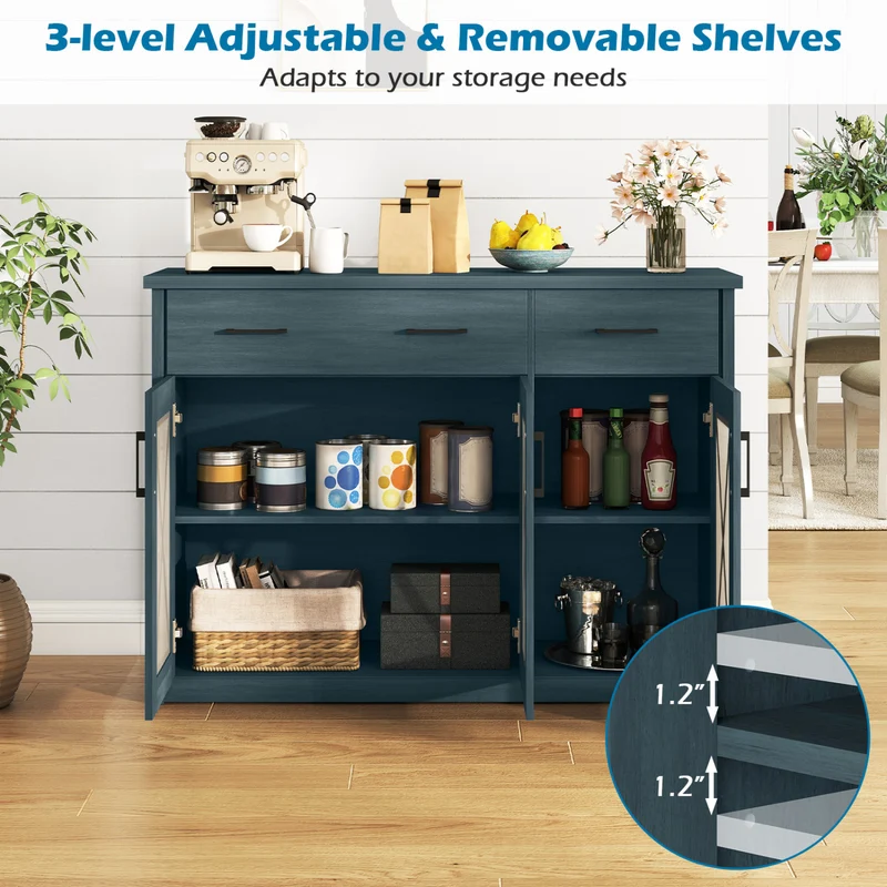 Farmhouse Buffet Sideboard, 3-Door Kitchen Storage Cabinet, 2 Drawers, Turquoise