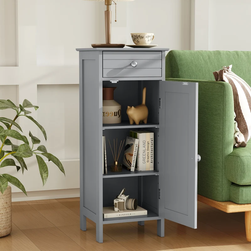 Wooden Storage Cabinet With Drawer And Shelf, Gray