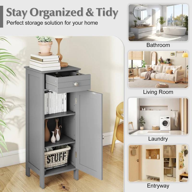 Wooden Storage Cabinet With Drawer And Shelf, Gray