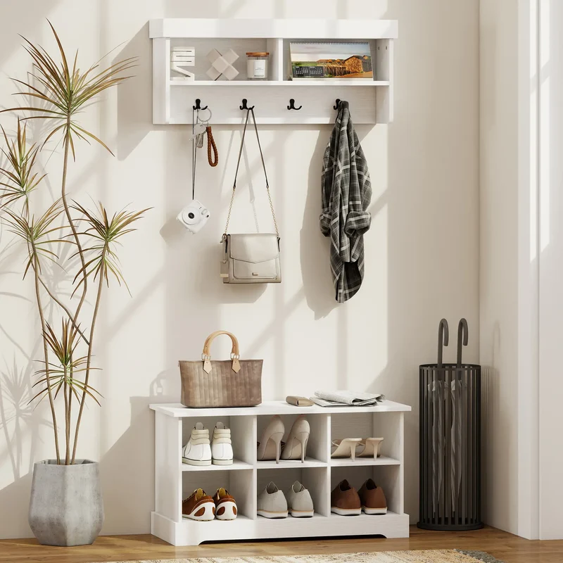 Coat Rack Shoe Bench Set, 8 Storage Cubbies, 4 Hooks, White