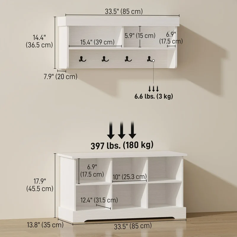 Coat Rack Shoe Bench Set, 8 Storage Cubbies, 4 Hooks, White