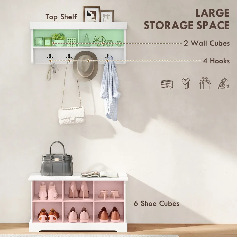 Coat Rack Shoe Bench Set, 8 Storage Cubbies, 4 Hooks, White