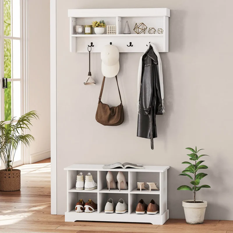 Coat Rack Shoe Bench Set, 8 Storage Cubbies, 4 Hooks, White