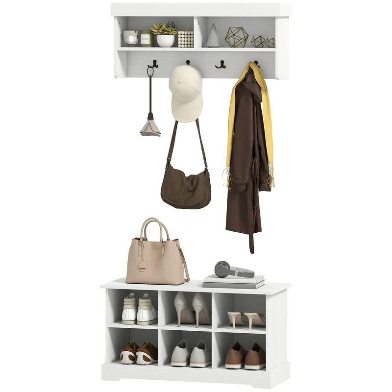 Coat Rack Shoe Bench Set, 8 Storage Cubbies, 4 Hooks, White