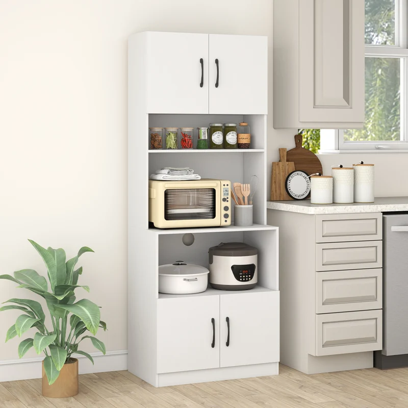 66 Inch Kitchen Pantry Cabinet, Charging Station, Adjustable Shelves, White