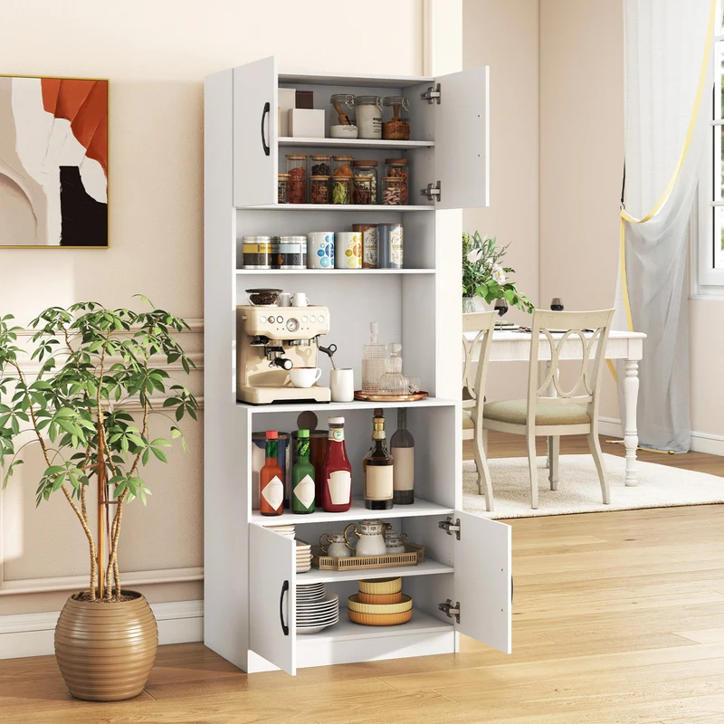 66 Inch Kitchen Pantry Cabinet, Charging Station, Adjustable Shelves, White