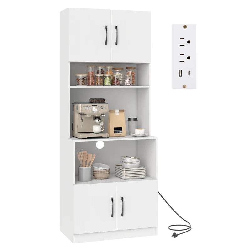 66 Inch Kitchen Pantry Cabinet, Charging Station, Adjustable Shelves, White