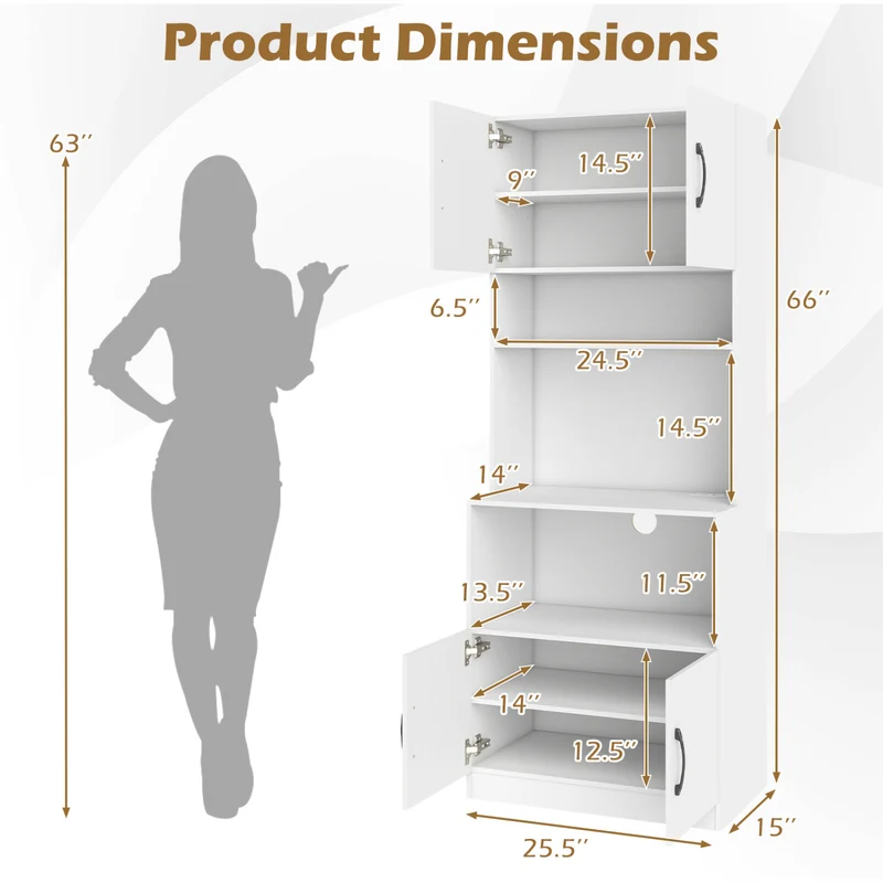 66 Inch Kitchen Pantry Cabinet, Charging Station, Adjustable Shelves, White