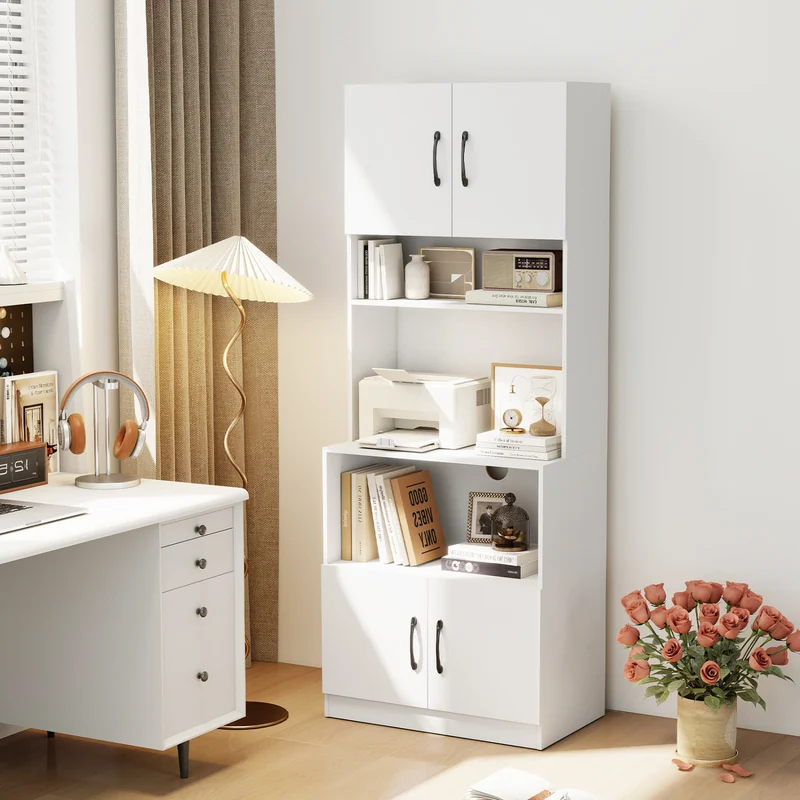 66 Inch Kitchen Pantry Cabinet, Charging Station, Adjustable Shelves, White