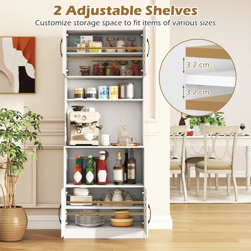 66 Inch Kitchen Pantry Cabinet, Charging Station, Adjustable Shelves, White