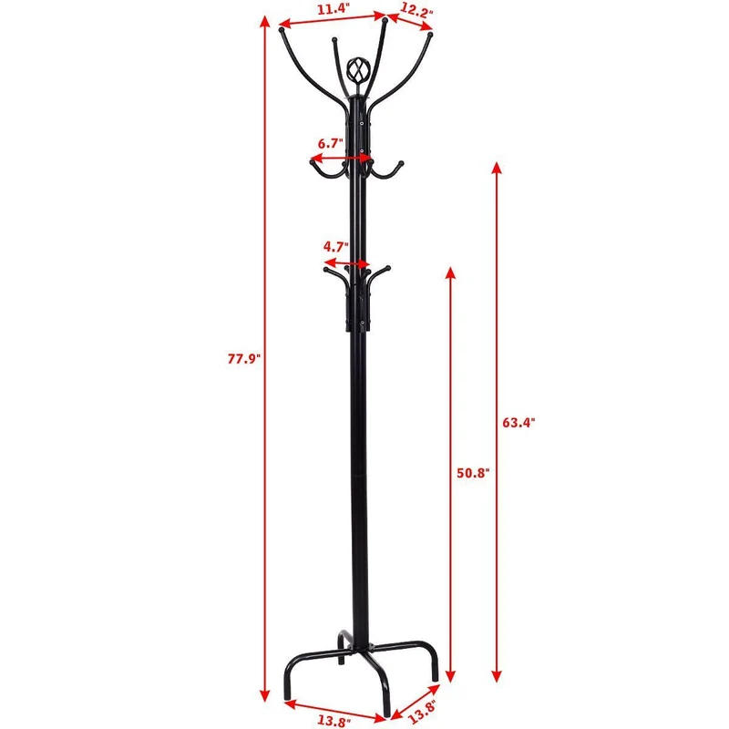 Metal Coat Rack with 12 Hooks, Black