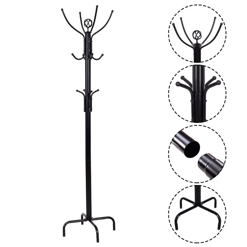 Metal Coat Rack with 12 Hooks, Black