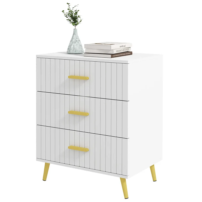 3 Drawer Cabinet, Bedroom Chest of Drawers, Aluminium Legs, Gold Handles, White