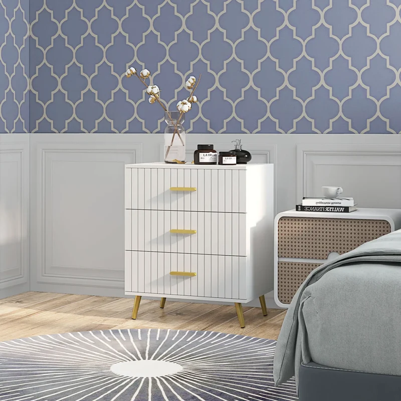 3 Drawer Cabinet, Bedroom Chest of Drawers, Aluminium Legs, Gold Handles, White