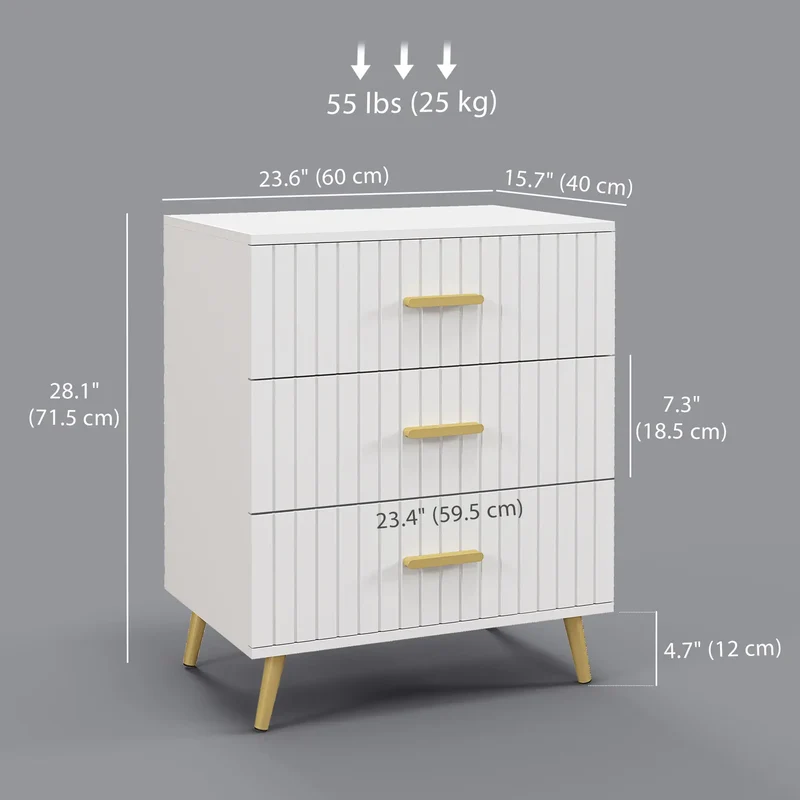 3 Drawer Cabinet, Bedroom Chest of Drawers, Aluminium Legs, Gold Handles, White