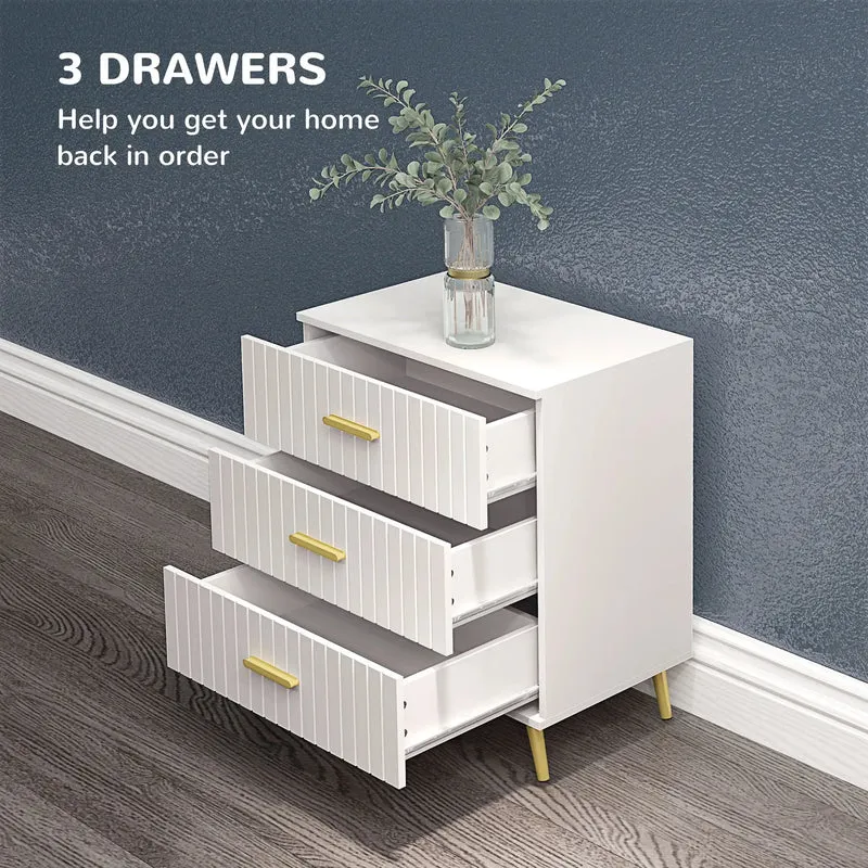 3 Drawer Cabinet, Bedroom Chest of Drawers, Aluminium Legs, Gold Handles, White
