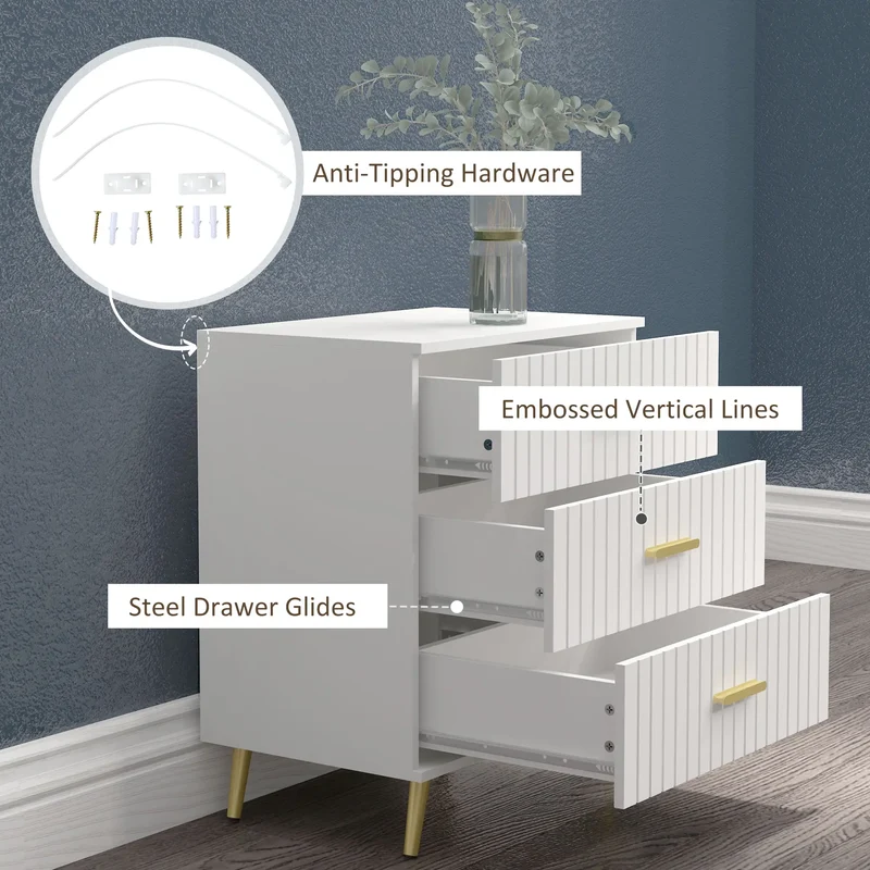 3 Drawer Cabinet, Bedroom Chest of Drawers, Aluminium Legs, Gold Handles, White