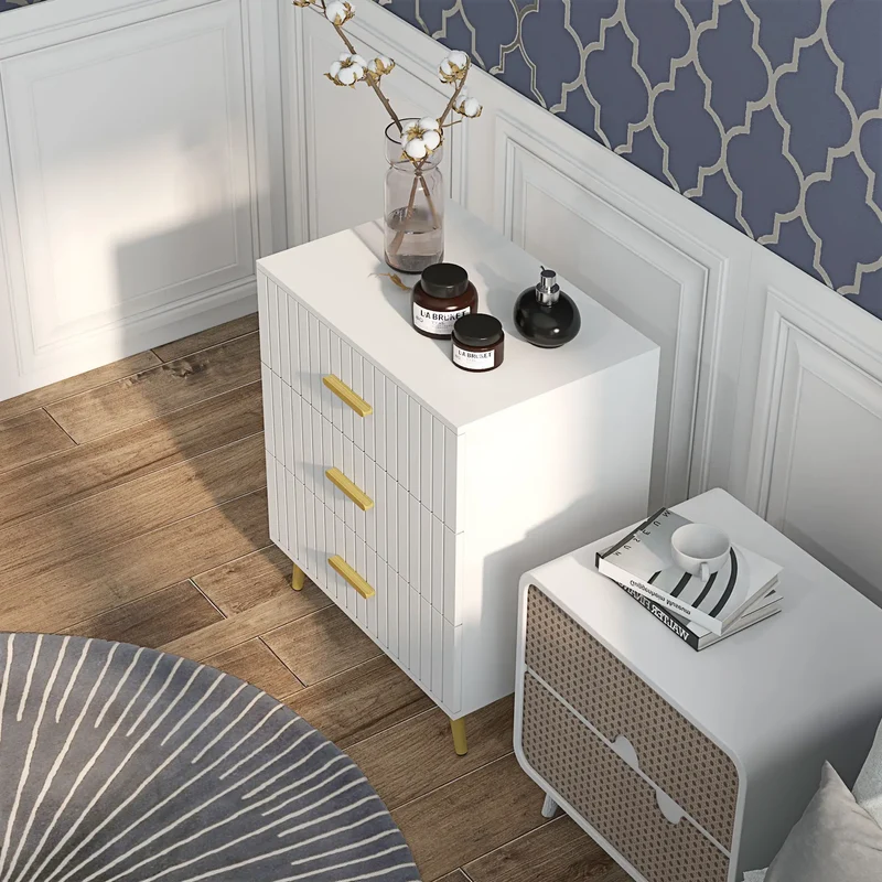 3 Drawer Cabinet, Bedroom Chest of Drawers, Aluminium Legs, Gold Handles, White