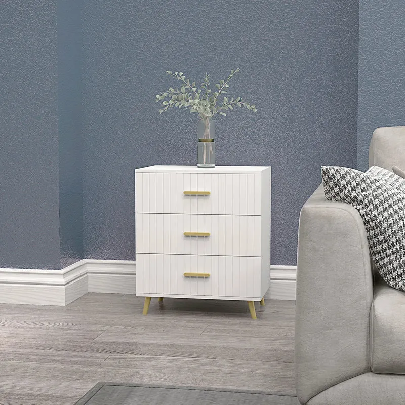 3 Drawer Cabinet, Bedroom Chest of Drawers, Aluminium Legs, Gold Handles, White