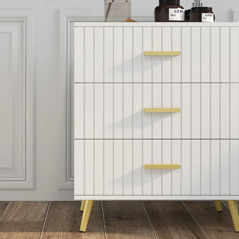 3 Drawer Cabinet, Bedroom Chest of Drawers, Aluminium Legs, Gold Handles, White
