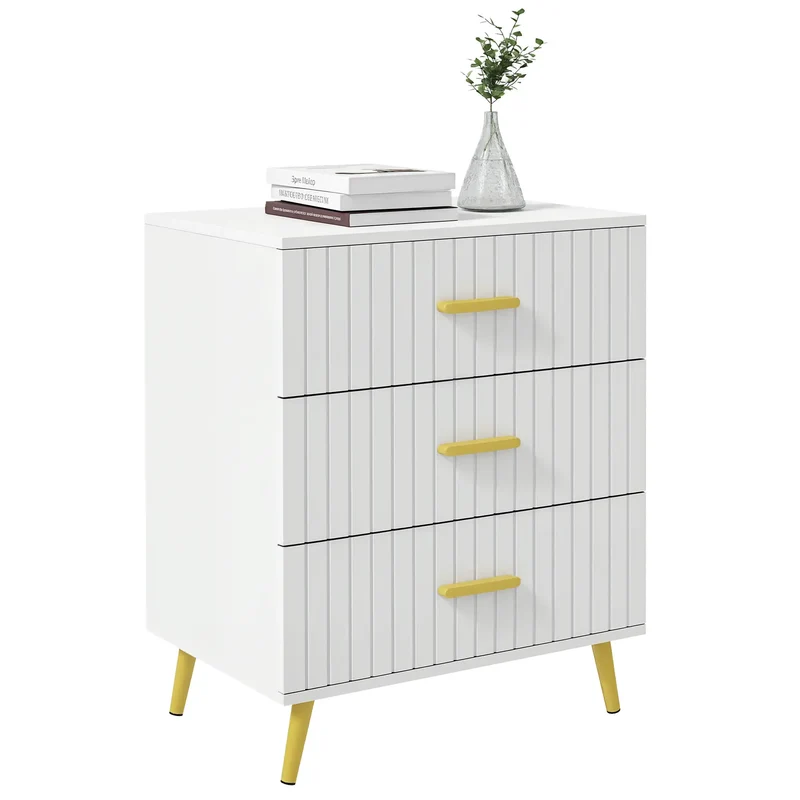 3 Drawer Cabinet, Bedroom Chest of Drawers, Aluminium Legs, Gold Handles, White