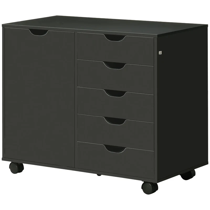 5-Drawer Lateral Filing Cabinet with Door, Adjustable Shelf, Wheels, Black