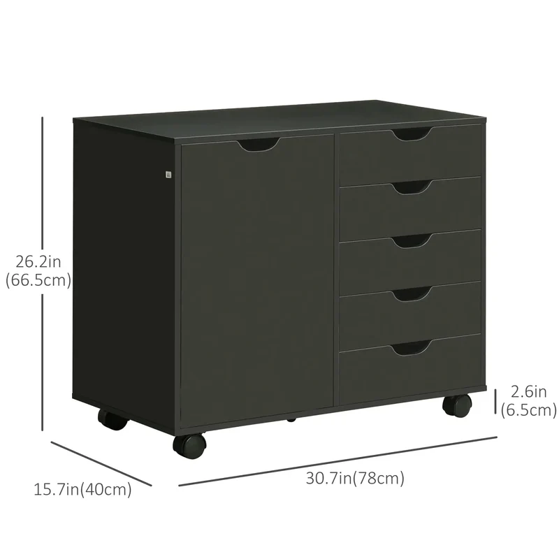 5-Drawer Lateral Filing Cabinet with Door, Adjustable Shelf, Wheels, Black