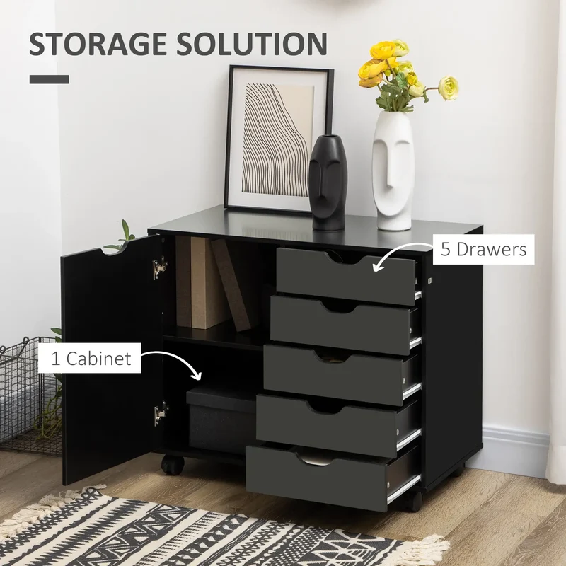 5-Drawer Lateral Filing Cabinet with Door, Adjustable Shelf, Wheels, Black