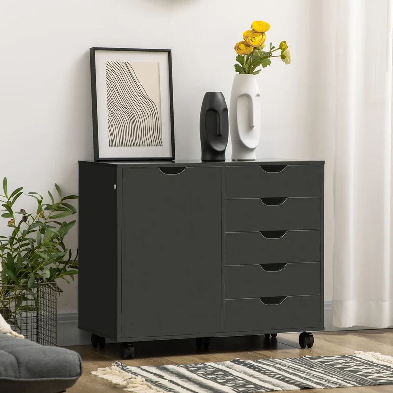 5-Drawer Lateral Filing Cabinet with Door, Adjustable Shelf, Wheels, Black