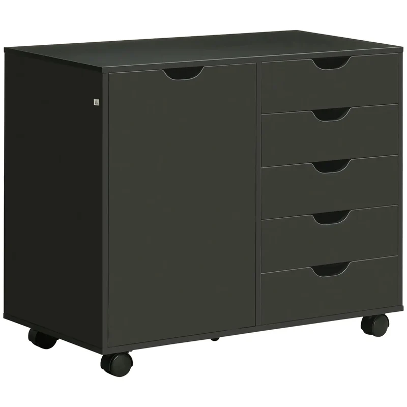 5-Drawer Lateral Filing Cabinet with Door, Adjustable Shelf, Wheels, Black
