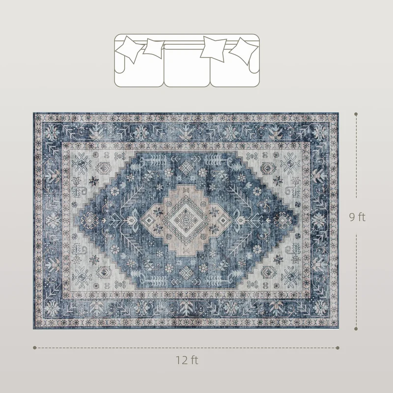 9x12 Vintage Washable Non-Slip Rug, for Living, Bedroom, Dining, Blue