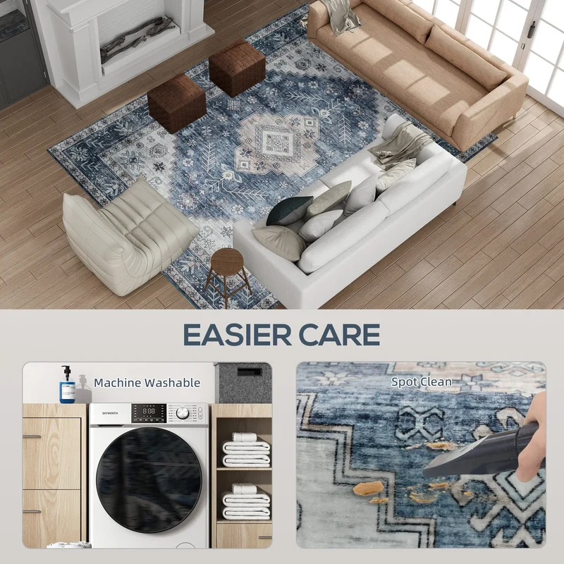 9x12 Vintage Washable Non-Slip Rug, for Living, Bedroom, Dining, Blue