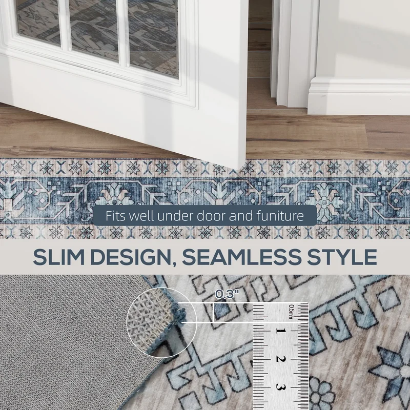 9x12 Vintage Washable Non-Slip Rug, for Living, Bedroom, Dining, Blue