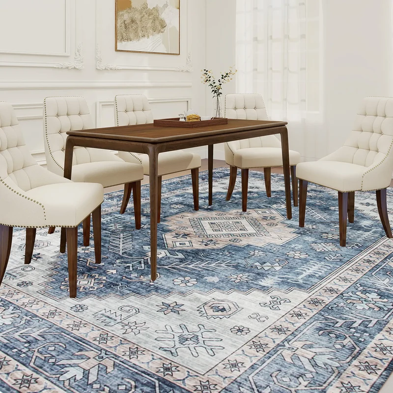 9x12 Vintage Washable Non-Slip Rug, for Living, Bedroom, Dining, Blue