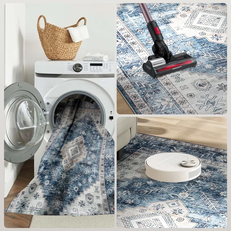 9x12 Vintage Washable Non-Slip Rug, for Living, Bedroom, Dining, Blue