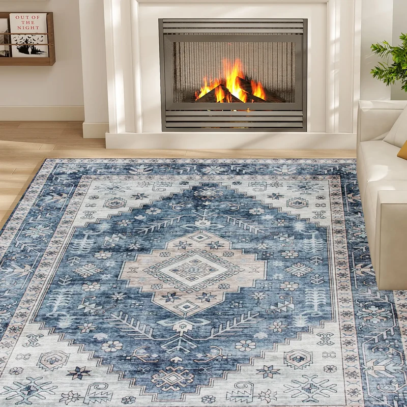 9x12 Vintage Washable Non-Slip Rug, for Living, Bedroom, Dining, Blue