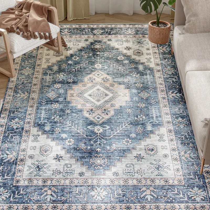 9x12 Vintage Washable Non-Slip Rug, for Living, Bedroom, Dining, Blue